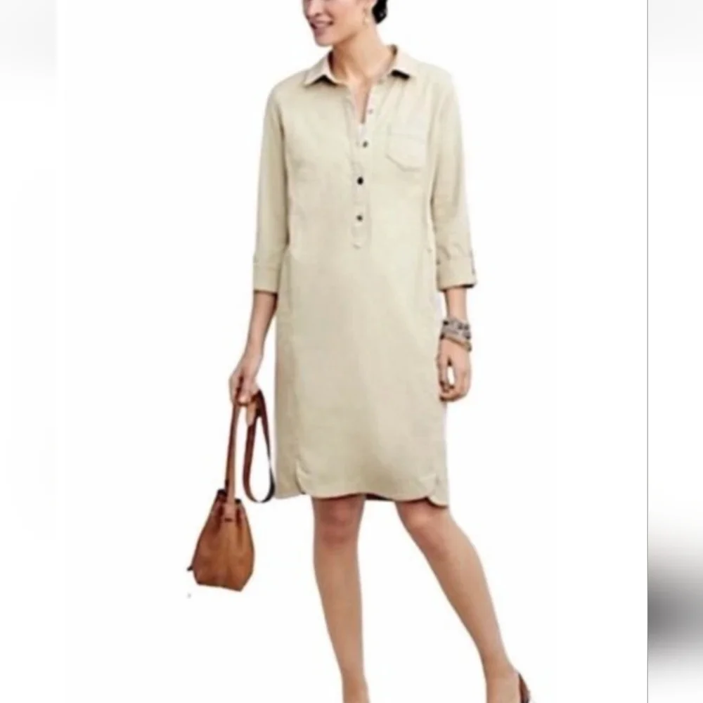 J. Jill Tan Khaki Chino Shirt Button-Up Dress Sz 10 Petite